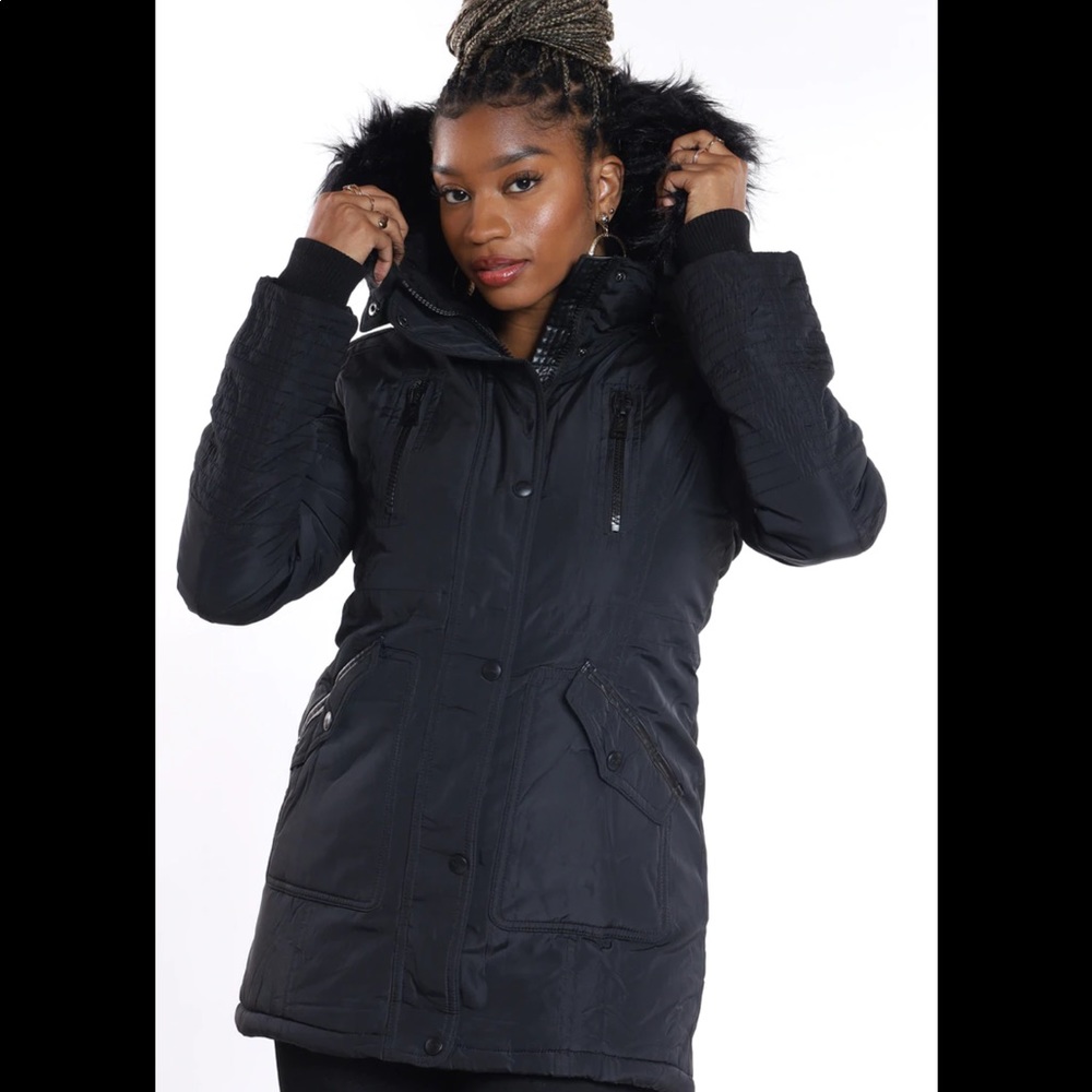 XOXO Women’s Mila faux Fur Hooded Jacket Color Black Size L